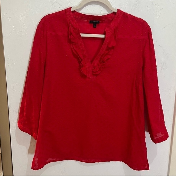 Talbots Red Ruffle Swiss Dot 3/4 length Sleeve Blouse Medium - Picture 1 of 6